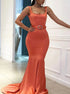 Orange Mermaid Open Back Square Neck Belt Satin Prom Dress LBQ3179